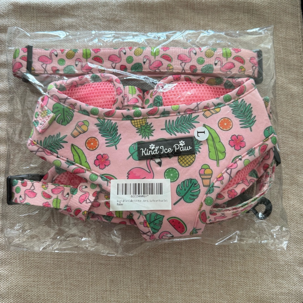 Dog Full Set - Pink Flamingo Harness, Leash, Collar, Bandana & Poop bag holder